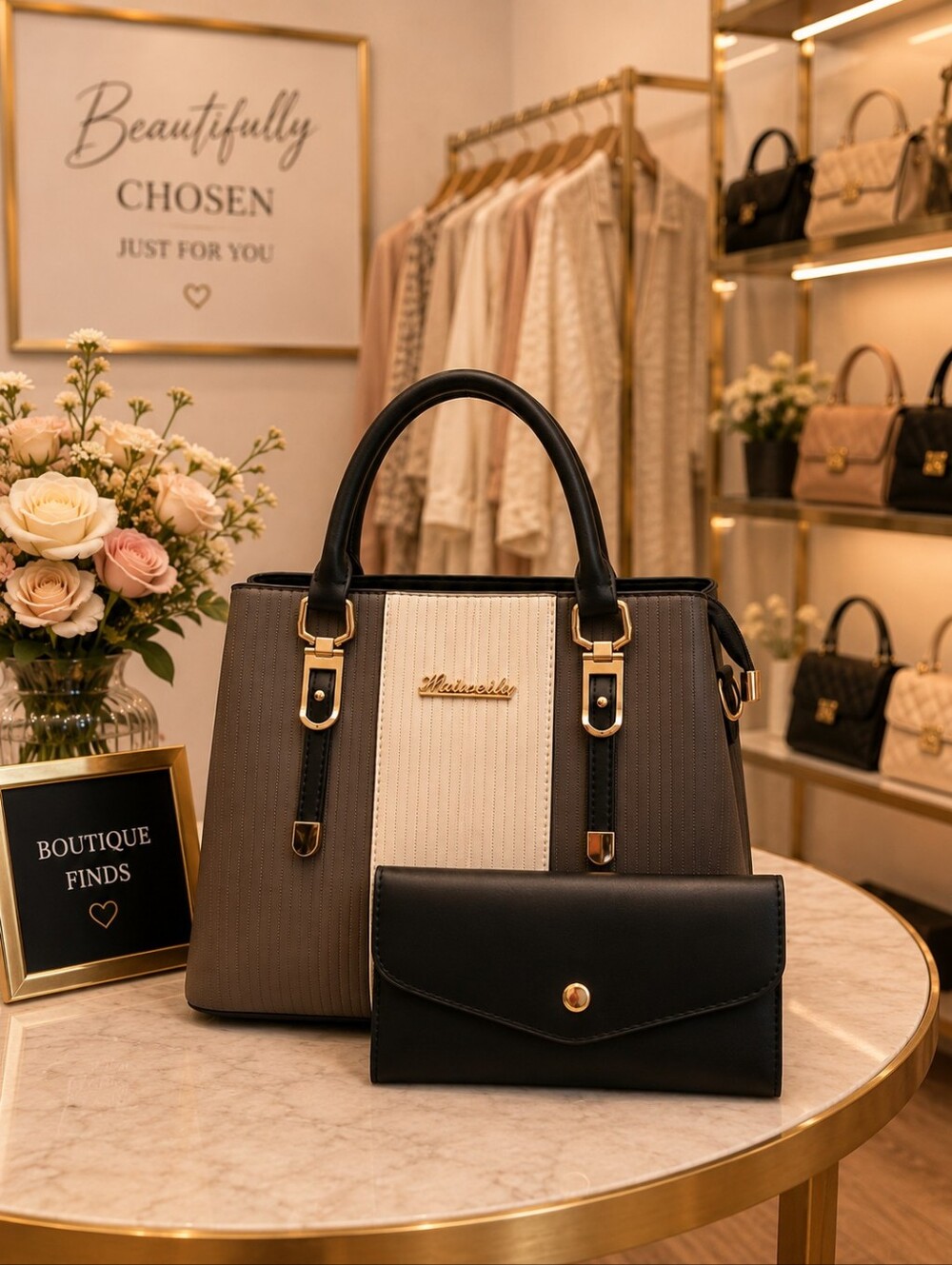 Women’s Tri-Panel Black and Cream Satchel with Wallet
